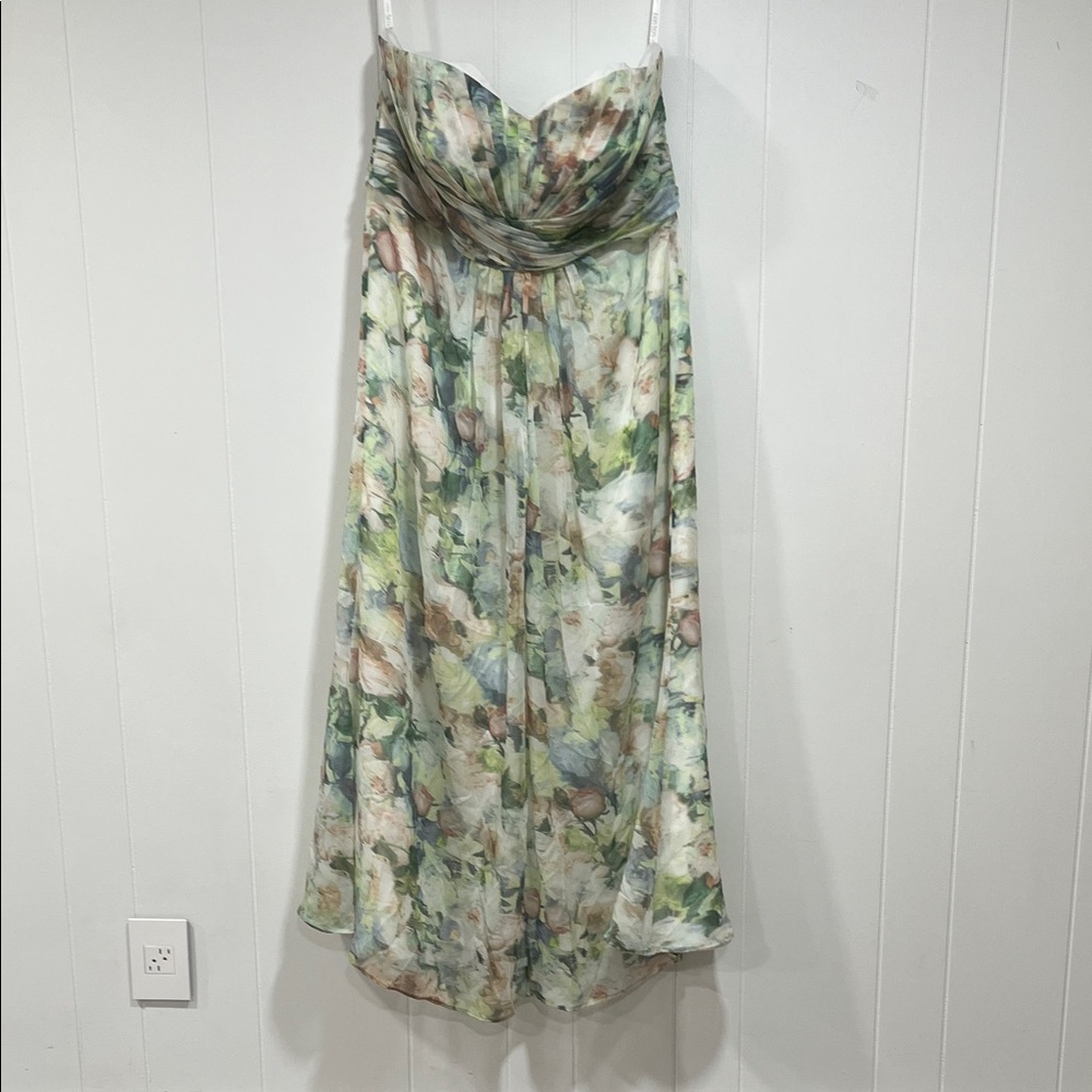 David's Bridal Strapless Pastel Floral Maxi Dress - Mint & Blush - Picture 3 of 9